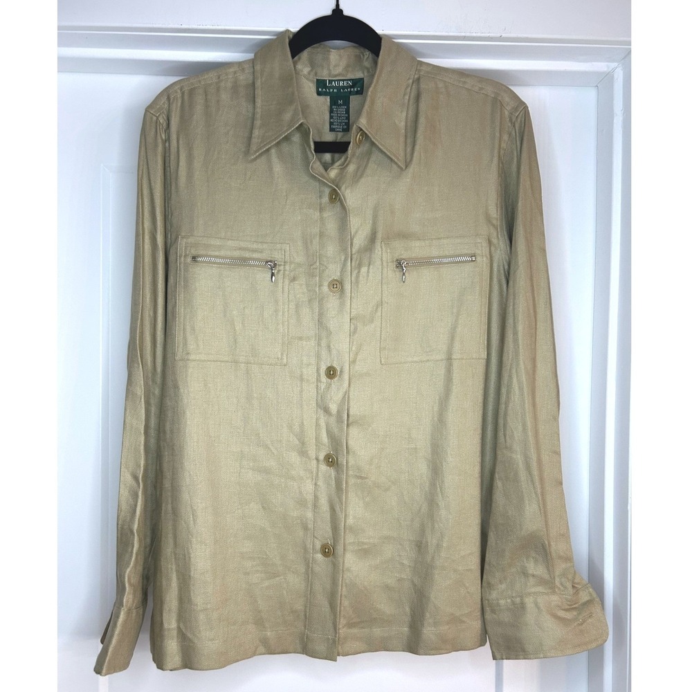 Lauren Ralph Lauren Tan Linen Zipper Pocket Utility Shirt Womens Medium